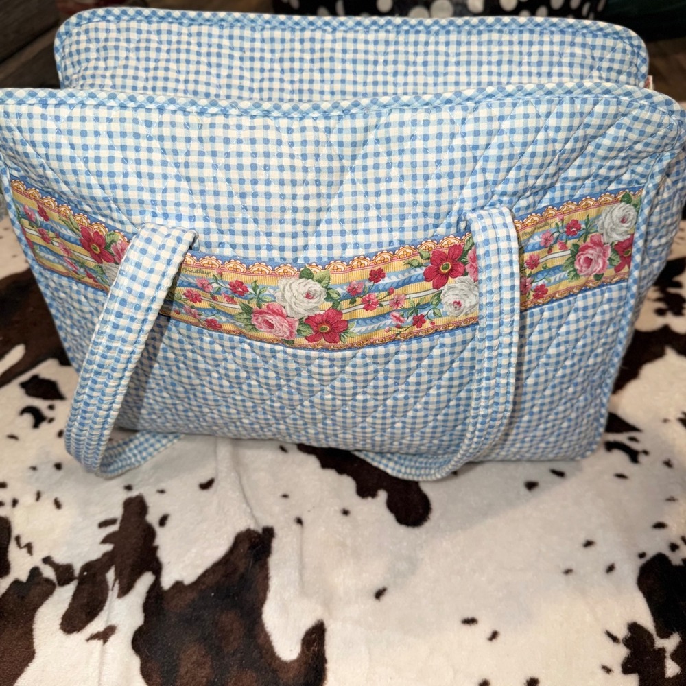 Vera Bradley Tote Bag Womens OS Blue Gingham Quilted Floral Vintage Cottagecore